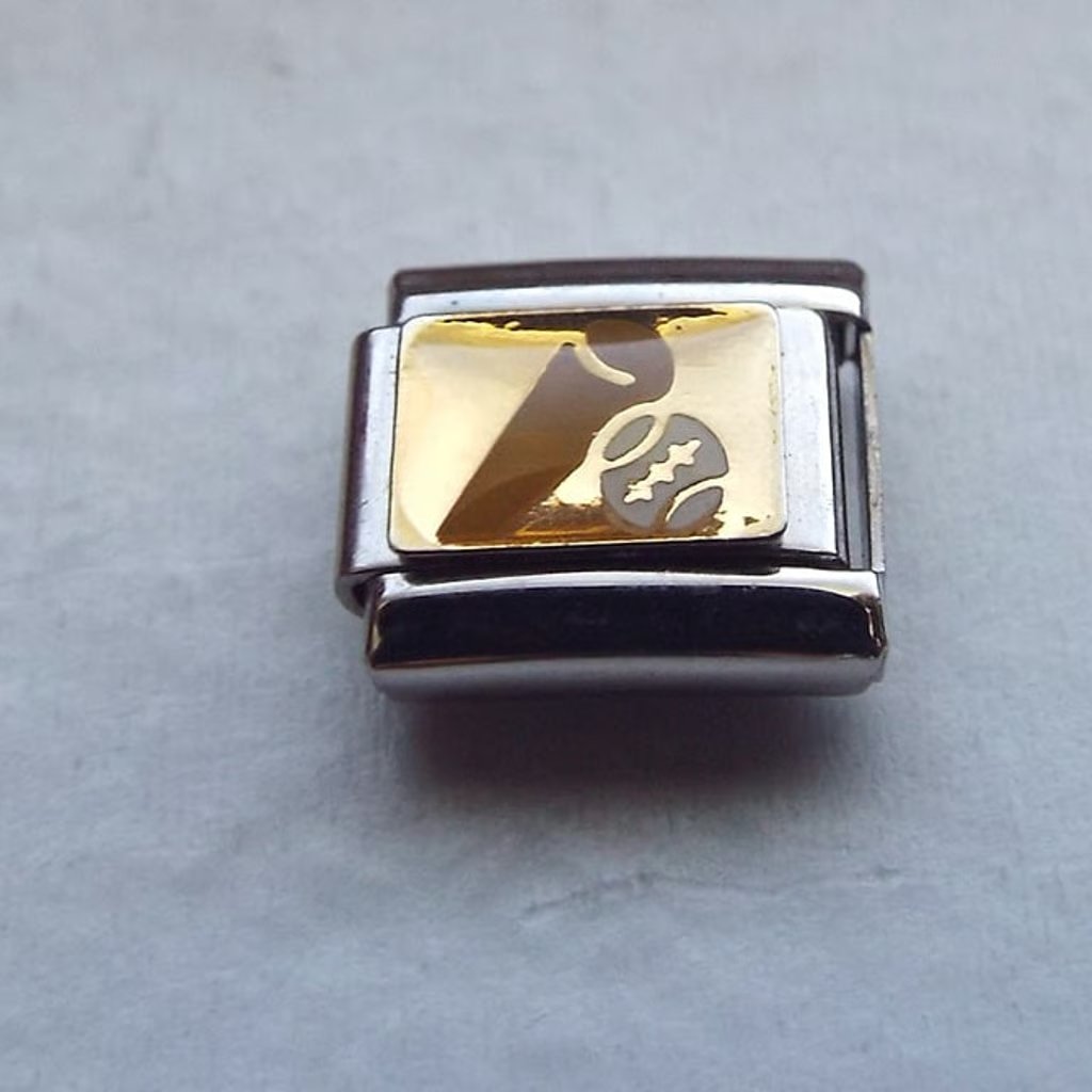 Baseball And Bat On Gold Enamel 9mm Stainless Steel Italian Charm Bracelet Link